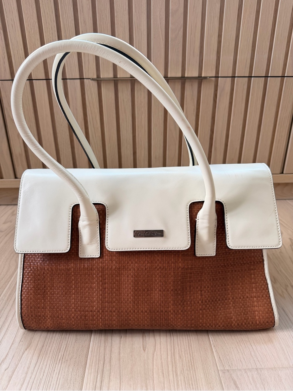 Brooks Brothers Brown Woven & White Leather Satchel Shoulder Bag